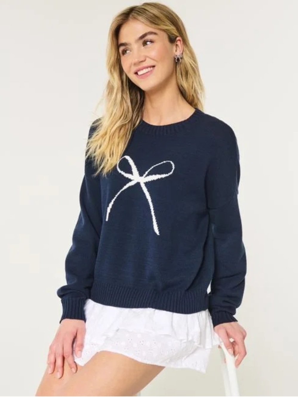Hollister Navy Bow Knit Crew Neck Sweater | Long Sleeve Cozy Pullover XS